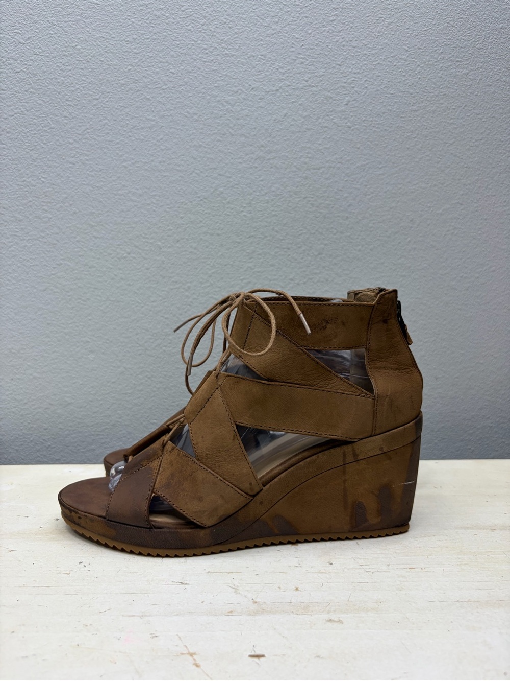 Eileen Fisher Brown Leather Dibs Lace Up Wedge Sandals Size 9